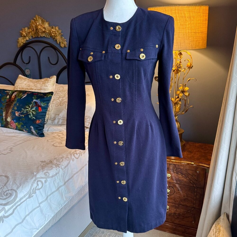 Adrienne Vittadini NWT Navy w Gold Buttons Long Sleeved Dress
